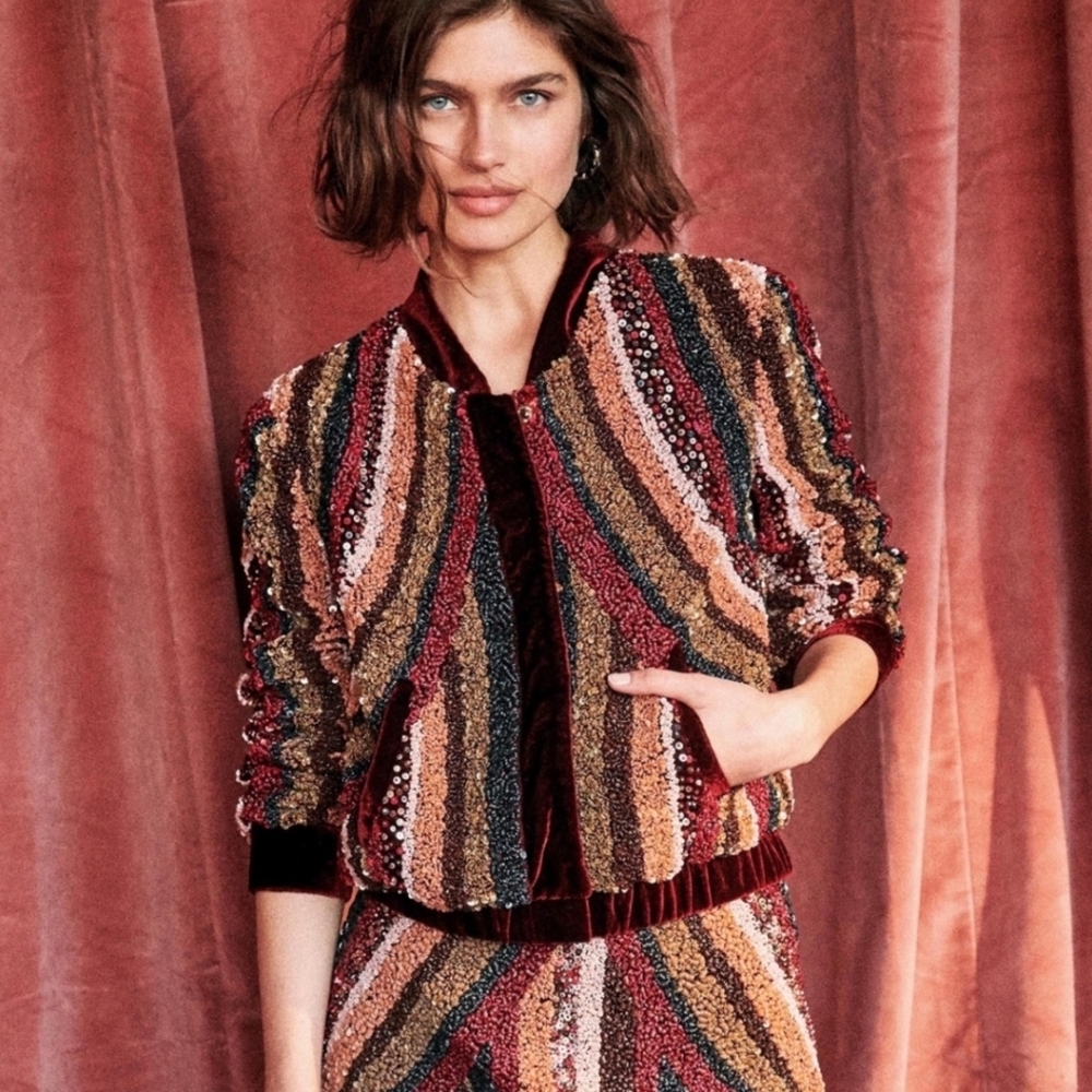 Sezane Sequin Embroidered Multicolor Bomber Jacket